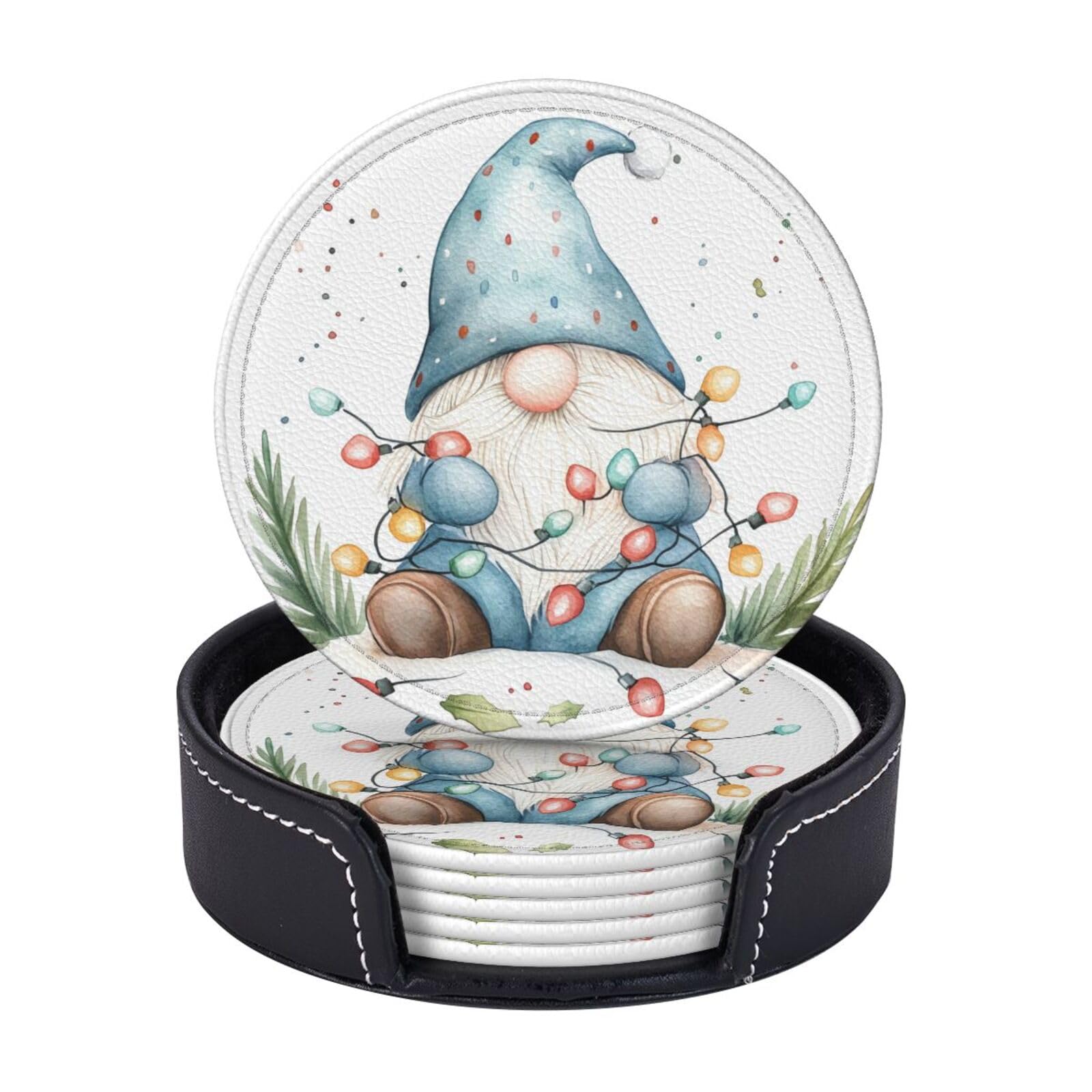 6 Pack Watercolor Cute Gnome Leather Coasters for Drinks with Holder Sets Winter Xmas Heat Resistant Drink Table Cup Coasters for Kitchen Dining Cafe Holiday Decor Round