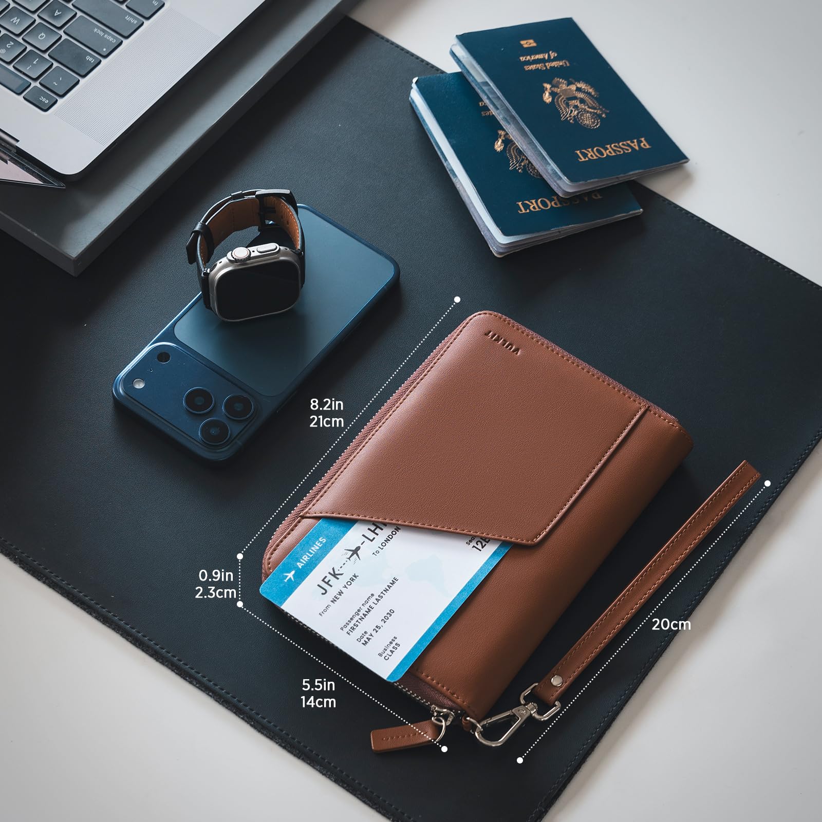 VULKIT Porta passaporto in pelle per famiglia, organizer per documenti da viaggio, con blocco RFID, sottile, doppio slot per schede SIM e porta carte, Espresso, 21 x 14 x 2.3 cm, Casual