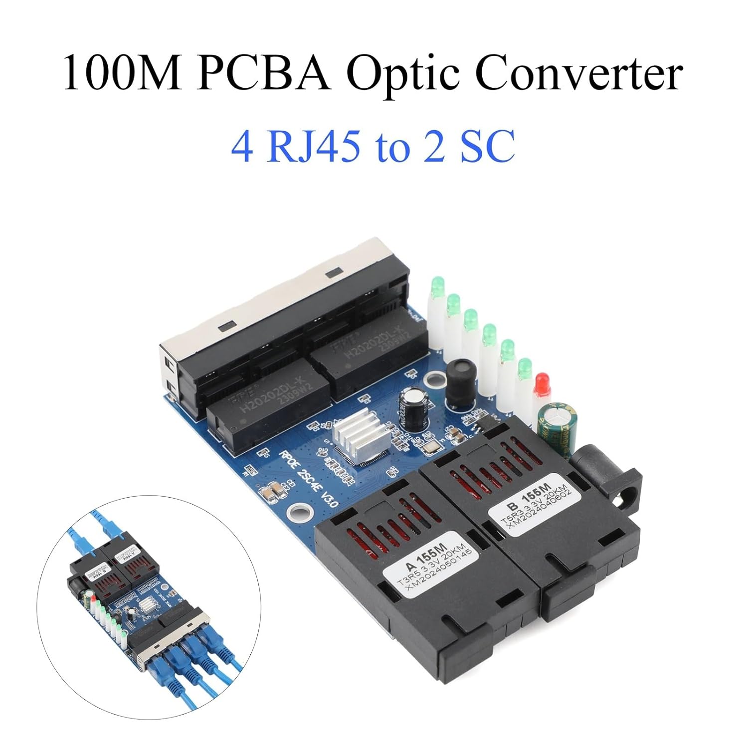 10M/100M Fiber Optic Media Converter 4 RJ45 to 2 SC A+B Optic Connector 1310nm/1550nm Ports 20KM Ethernet Switch Blue