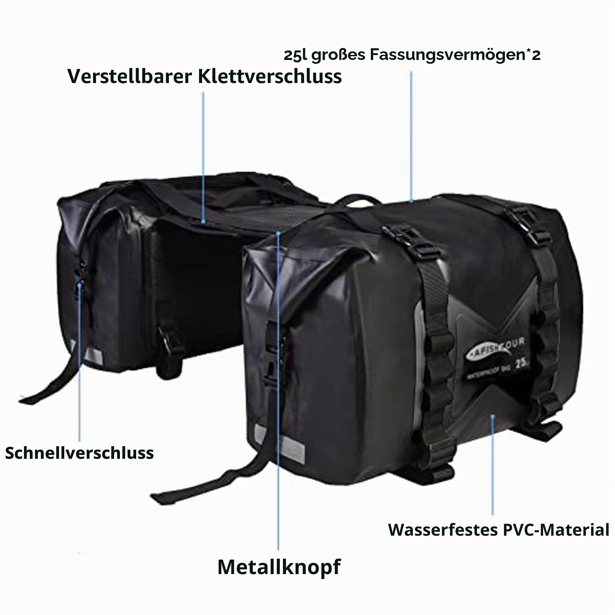 wasserdichte Motorrad-Satteltasche – 50L Reisegepäcktasche für Motorradreisen – Motorrad-Seitentasche – Abnehmbare Tasche (Schwarz, 2er-Pack)
