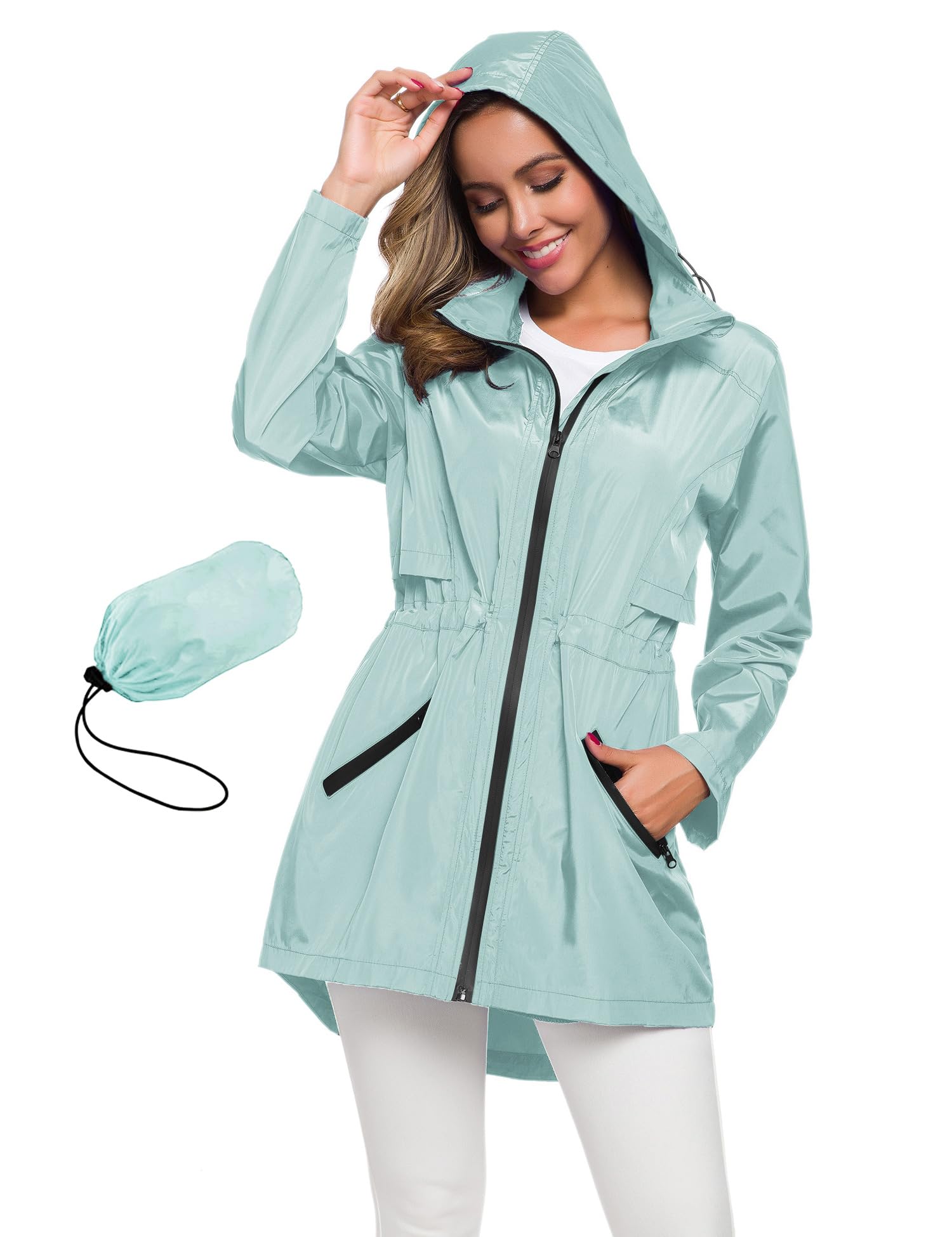 Avoogue Womens Long Raincoat with Hood Outdoor Lightweight Windbreaker Rain Jacket Waterproof