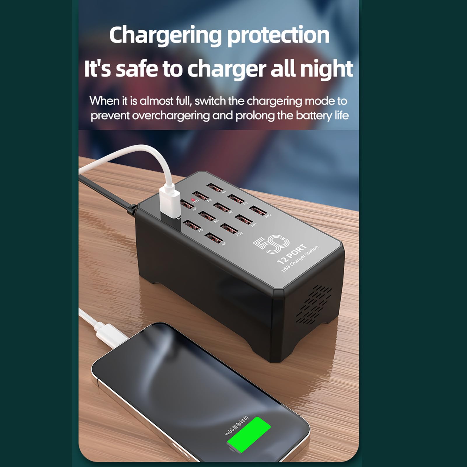 Cuifati Chargeur USB, Station de Charge USB à 12 Port 50W Multiple, Prend en Charge la Couverture de Tension Large, Chargeur Multi-Ports pour Téléphones, Montre, (Prise UE)