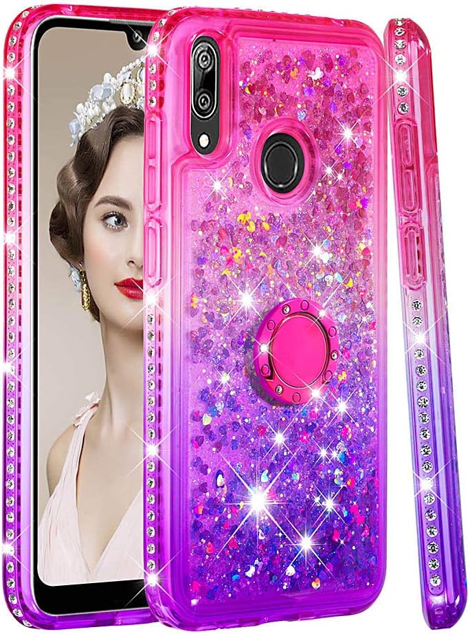 SUNWAYS Cute Case for Huawei Y7 Prime 2019 Girls Bling Sparkle with Ring Buckle Sidetrack Gradient Quicksand TPU Phone Case Pink Purple
