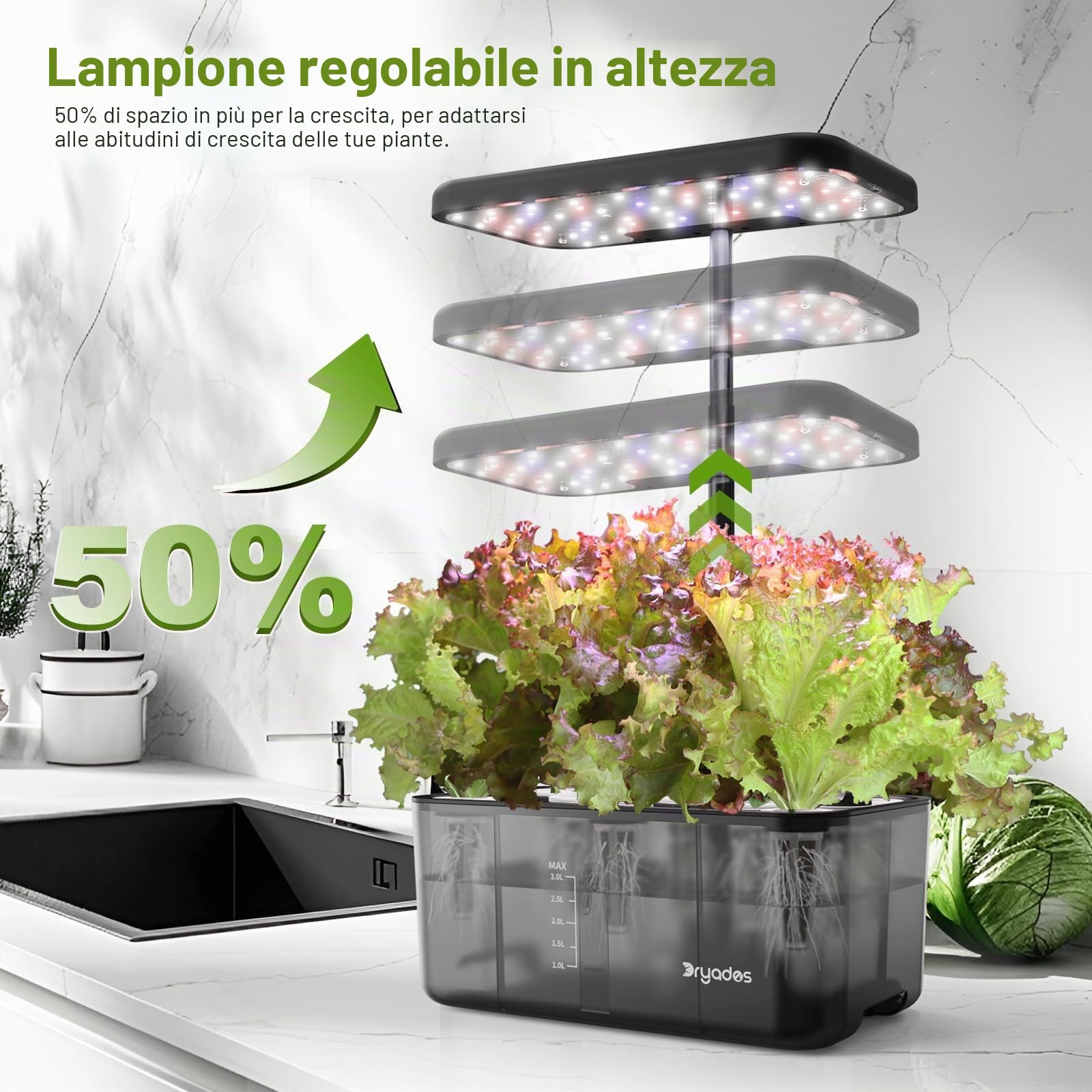 Sistema di coltivazione idroponica con luce a LED a spettro completo, 8 cialde da giardino interno con promemoria per mancanza d'acqua, strumenti per giardinaggio per casa, cucina, scuola