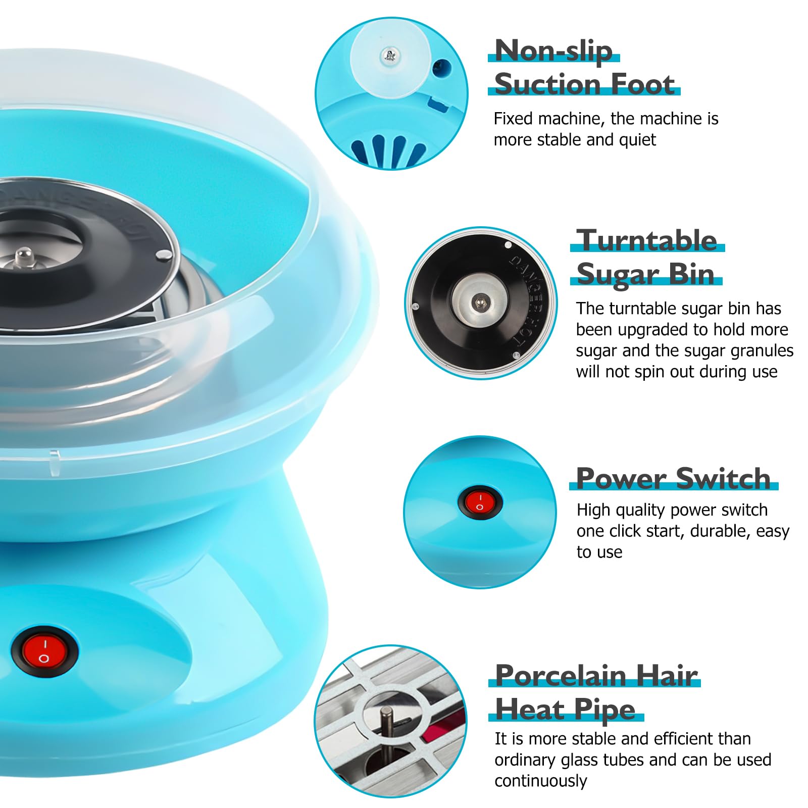 Zuckerwattemaschine Retro Cotton Candy Machine: Zuckerwatte Maschine mit Stäbchen und Messlöffel, Zuckerwatte Zucker Set Höhe 27 cm für Zuhause Kindergeburtstag Party Blau