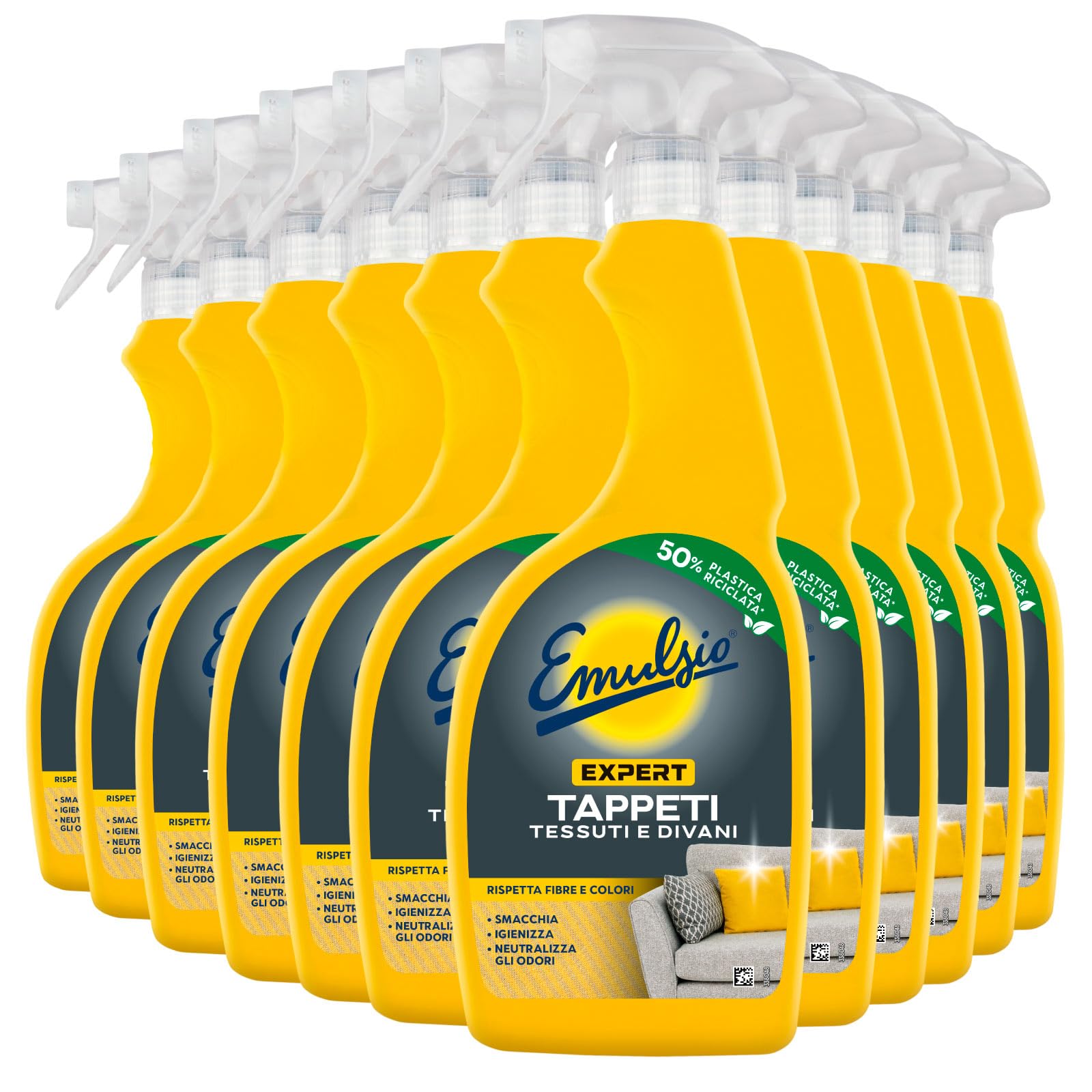 Emulsio Expert Textilteppiche und Sofas Reinigungsspray Fleckenentferner desinfiziert Gerüche beseitigt sanfte Formel respektiert Fasern und Polsterfarben – 12 Flaschen à 600 ml