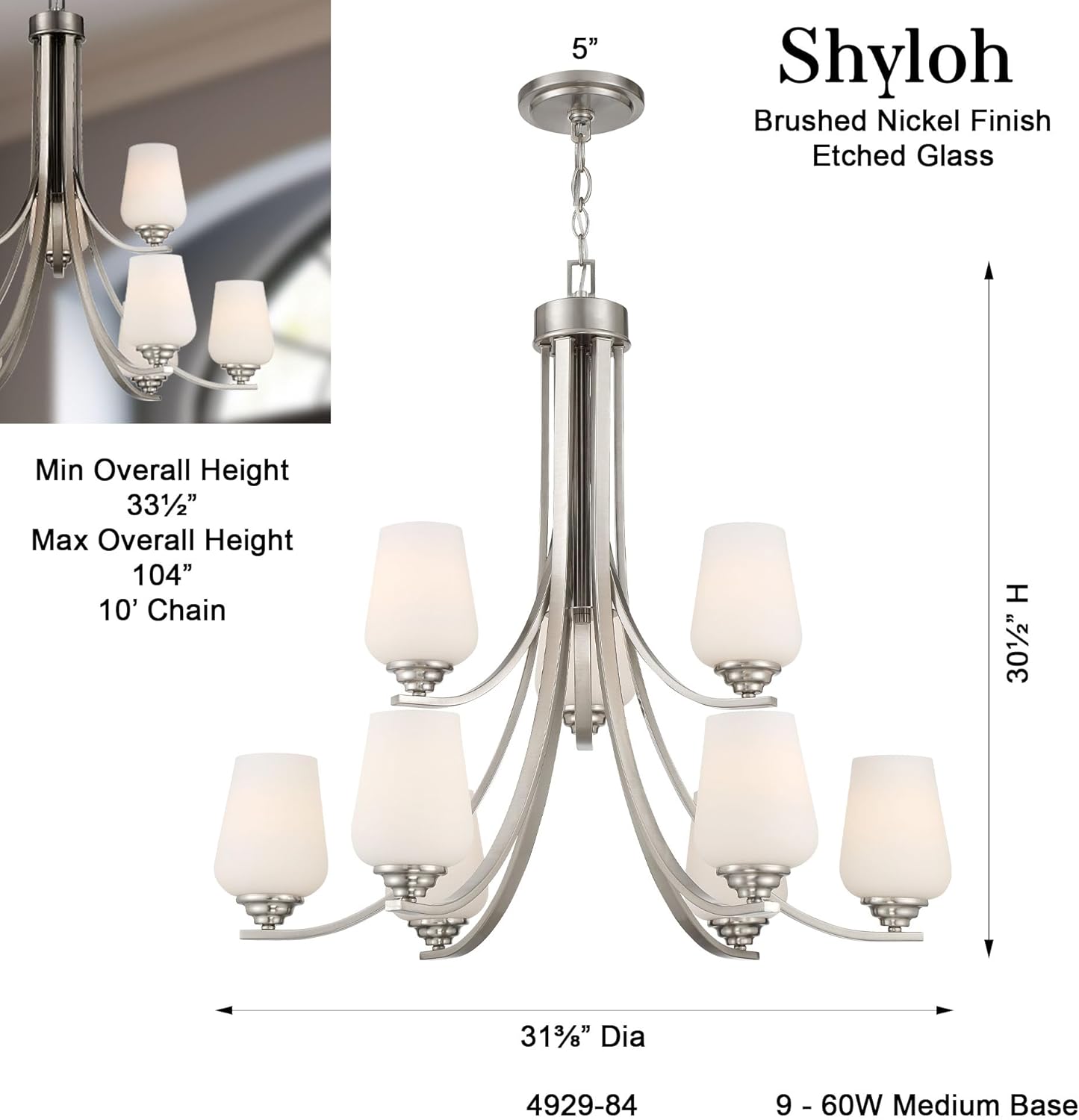 Minka Lavery 4929-84 Shyloh Chandelier, 9-Light, 540 Total Watts, 31.38-in H x 30.5-in W, Brushed Nickel