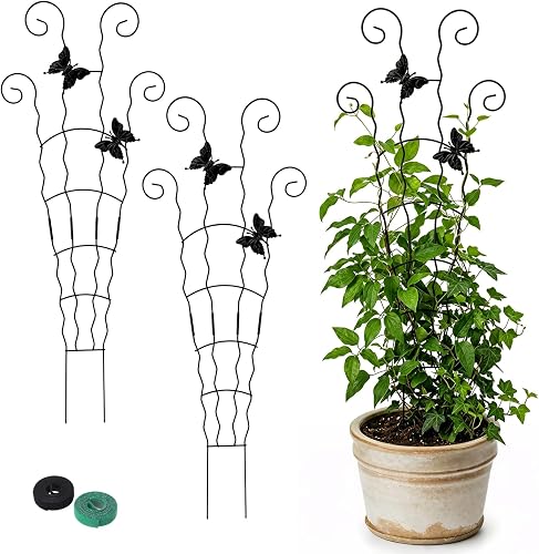 2-Pack 30" Wave Metal Plant Trellis for Climbing Plants Outdoor Support | Rustproof Iron Expandable Plant Climbing Support; 2×15" Butterfly Decor Sections;Trains Scindapsus,Hoya, Beans, Ivy, Monstera