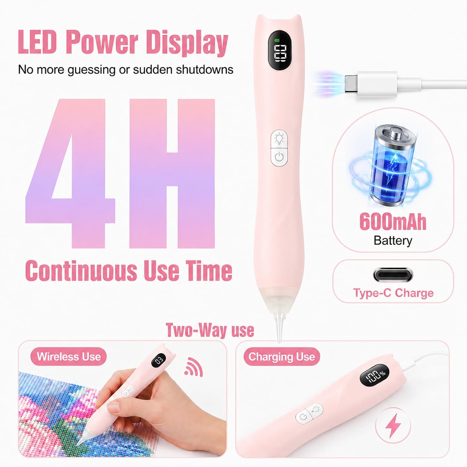 Electric Diamond Painting Pen with Light, Wax-Free Vacuum Diamond Art Pen with 3 Suction & 3 Brightness Levels, LED Display, Quiet, Ergonomic Grip, Rechargeable Cordless Diamond Painting Tool
