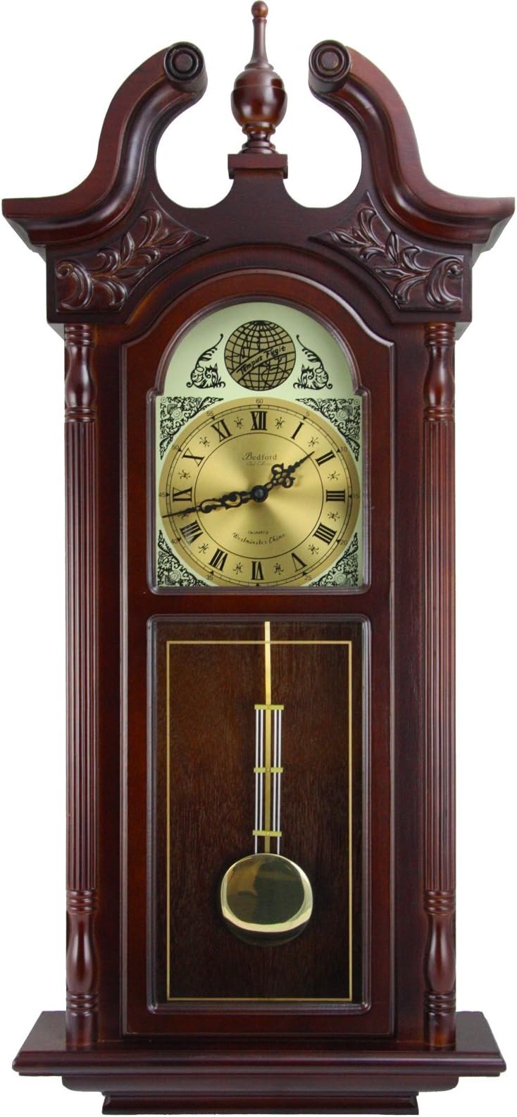 Bedford Clock Collection Grand Antique Colonial Chiming Wall Clock with Roman Numerals in a Cherry Oak Finish, 38" L
