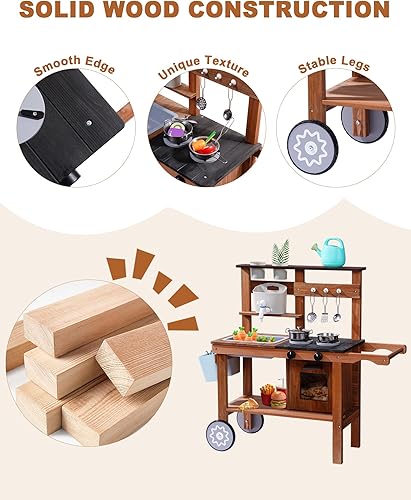 Miniatura 4 de ROBUD Cocina de barro para niños al aire libre con ruedas, cocina de madera al aire libre, cocina de barro para niños con fregadero y grifo