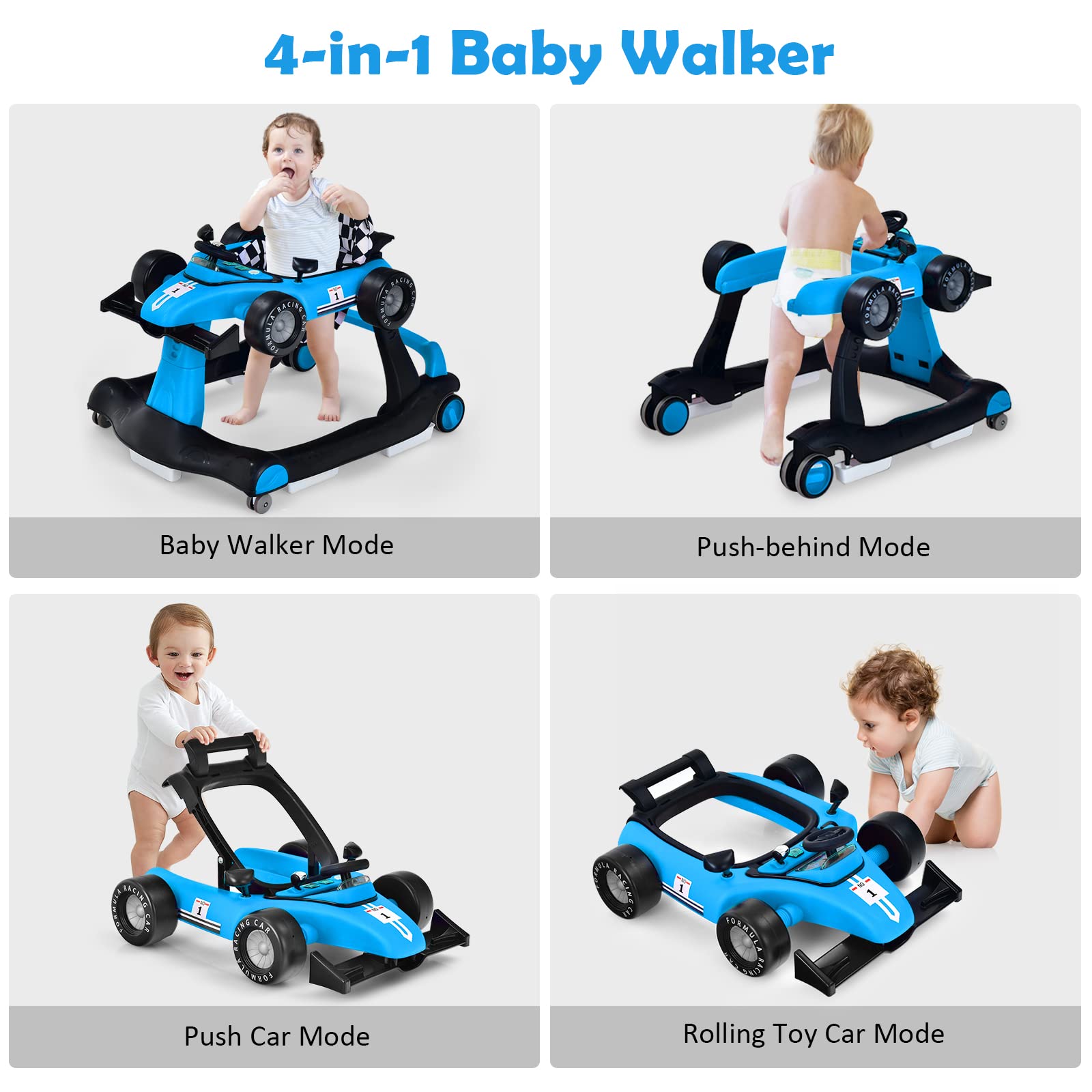 RELAX4LIFE Girello per Bambini 6-18 Mesi, Baby Walker 4 in 1 Trasformabile, Carrello Primi Passi e Macchinina a Spinta con Luci e Suoni, Altezza Regolabile, Pieghevole (BLU)