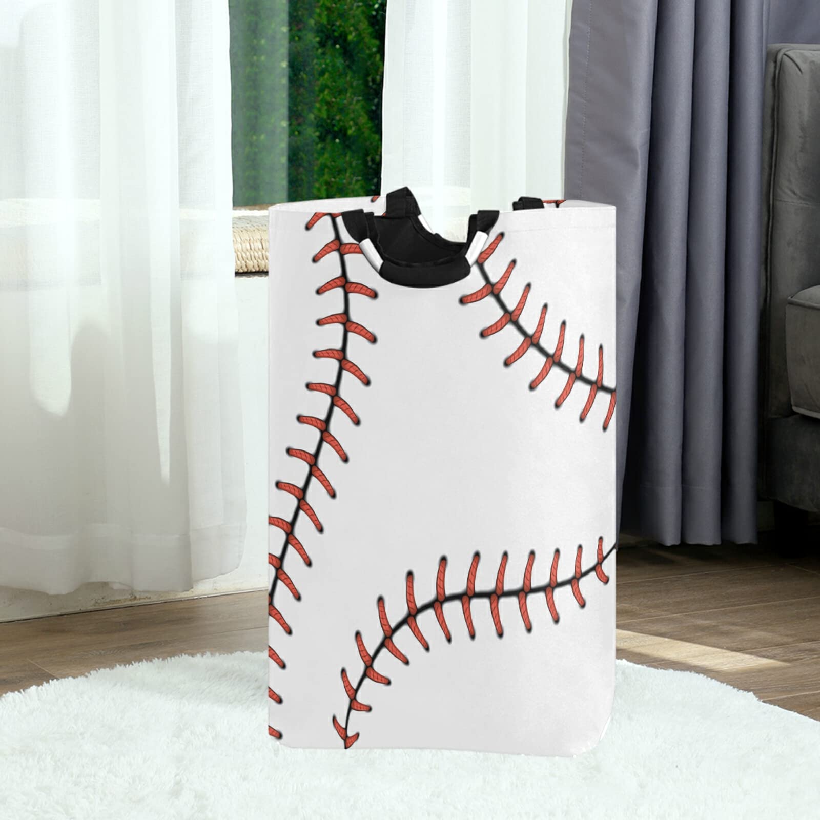 Red Stitching Baseball Large Laundry Basket Softball Laces Collapsible Laundry Hamper with Handles Waterproof Clothes Washing Bin Dirty Baskets Storage for Home College Dorm Bathroom