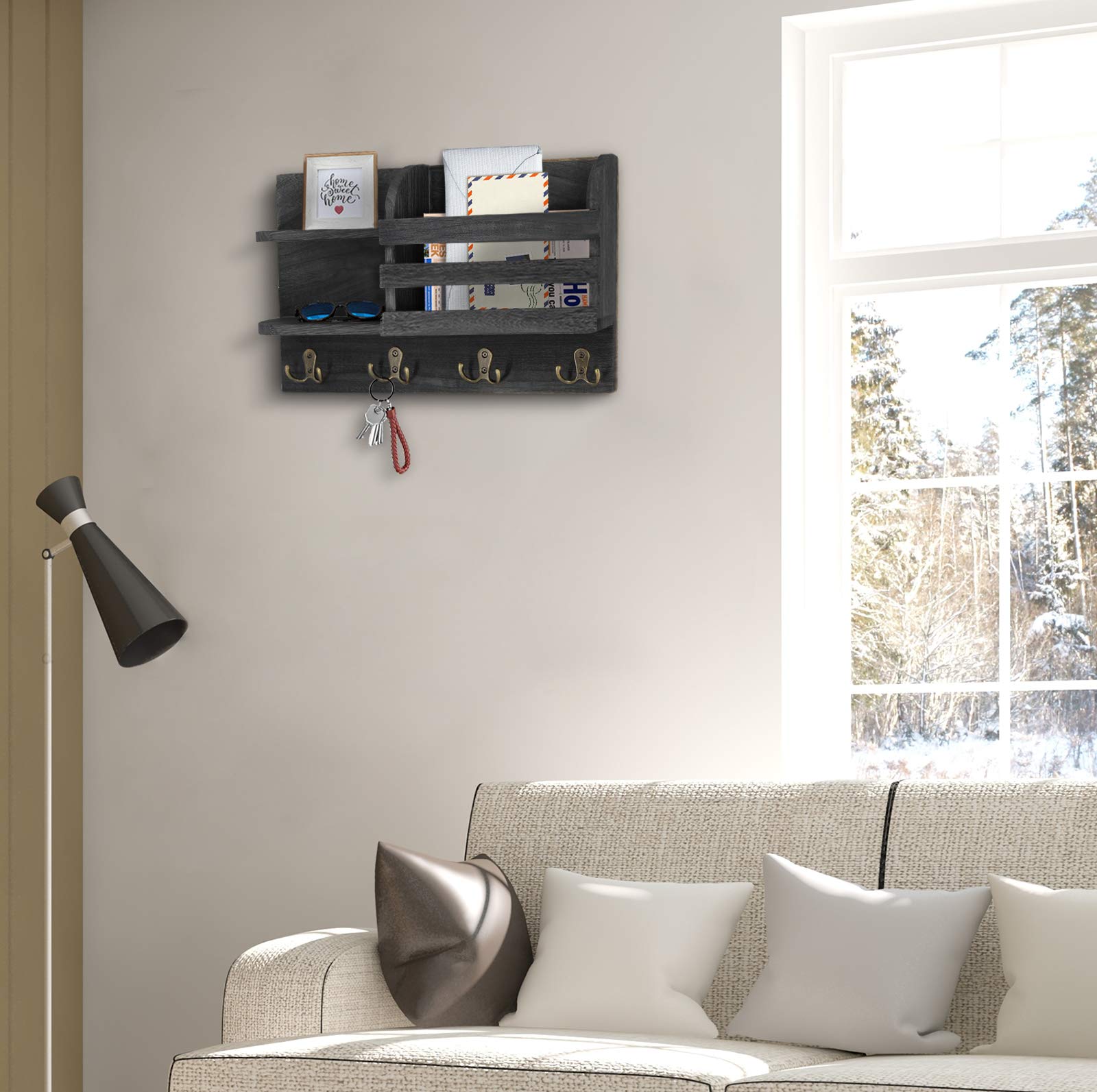 Wall Mounted Mail Holder Floating Shelves with Hooks, Wood Wall Organizer Sorter for Keys