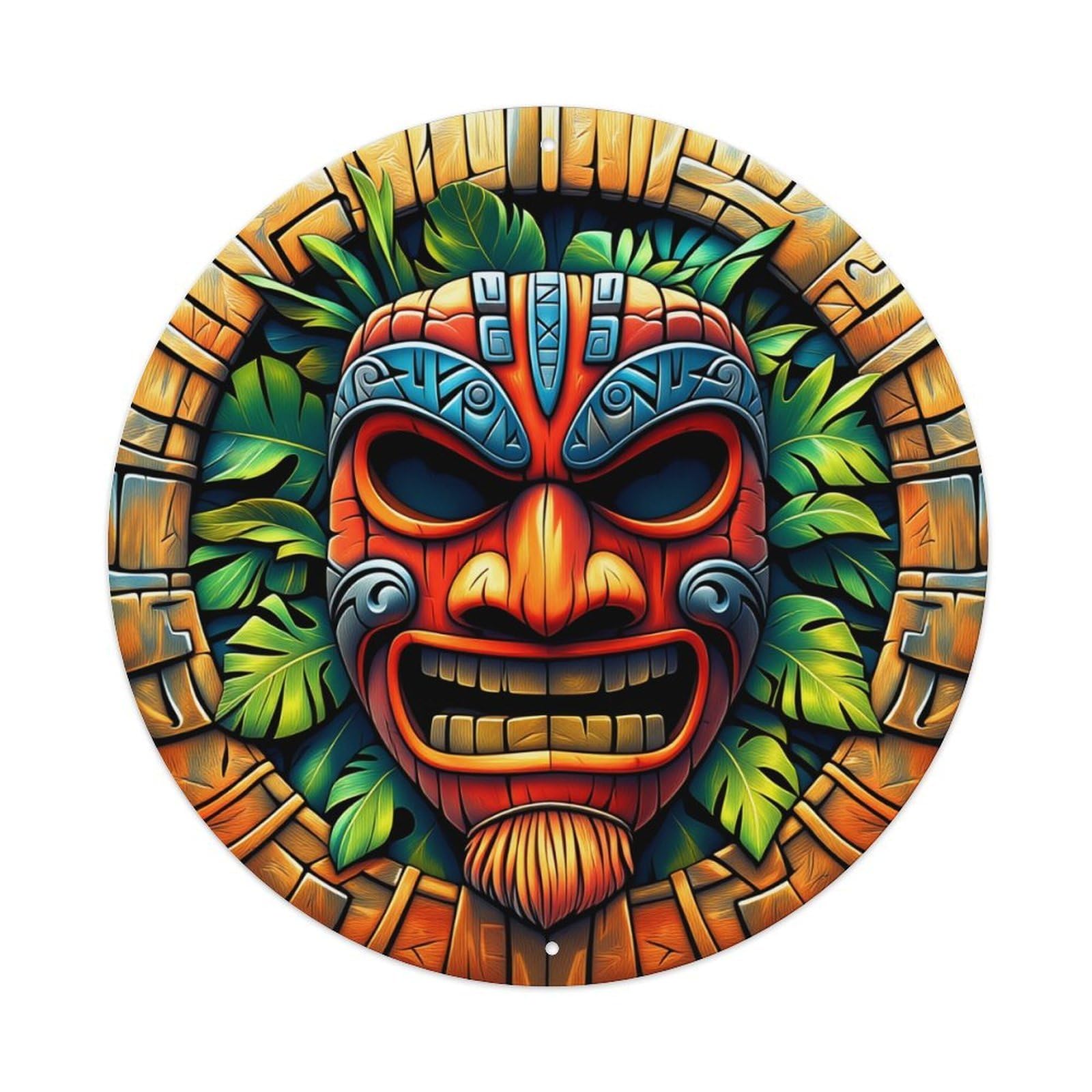 Tiki Mask Jungle Leaves Stone Round Tin Sign Retro Metal Sign for Cafe Bar Pub Home Game Room Gym Club Wall Decoration Vintage Metal Poster 8x8 Inch