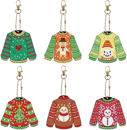 Acudotr Paquete de 6 llaveros de pintura de diamante, kit de arte de diamante en forma de suéter de taladro completo, llaveros de Navidad, kits de