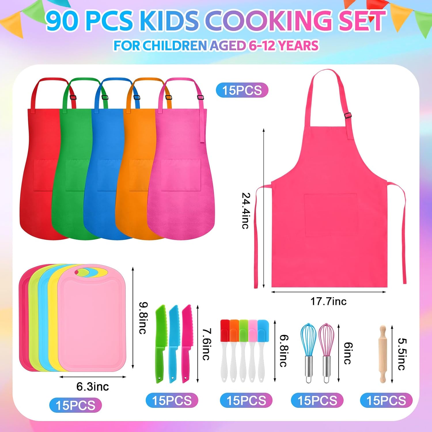 90 Pcs Kids Cooking Set Bulk for Real Food Making Kitchen Baking Tools Supply Fruit Knife Cutting Board Adjustable Children Aprons Egg Beater Spatula Rolling Pin Birthday Christmas Utensils Gift