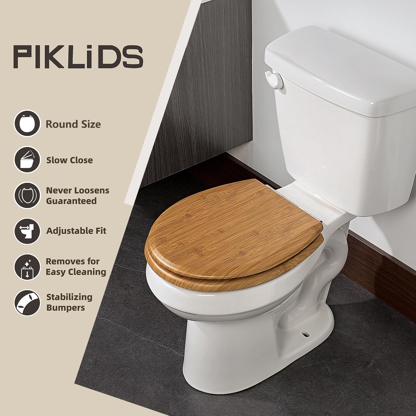 Toilet Seat, Slow Close, Premium Moulded Wood, Quick Release, Zen Bamboo Look, PIKLiDS, Laminated Woodgrain Finish (Round)