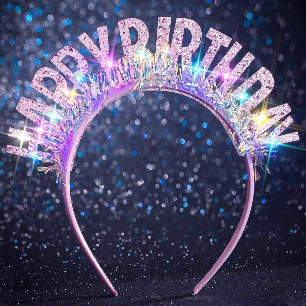 Light Up Happy Birthday Headband LED Tinsel Crown Glitter Birthday Hair Accessories for Women image 2