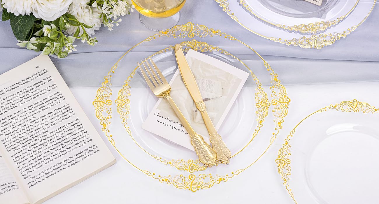 102PCS Clear Gold Plastic Plates - Clear Disposable Plates with Gold Rim - Clear Party Plate Include 51PCS Dessert Plates, 51PCS Dinner Plate for Weddings & Parties - Image 4