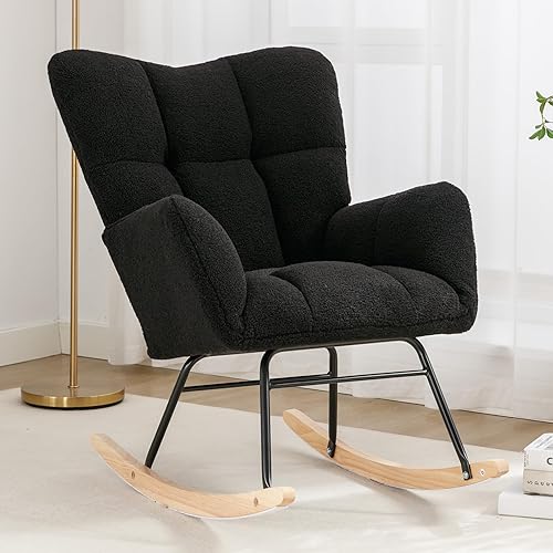 Sudwesto Moderna silla mecedora para guardería, silla tapizada con respaldo alto, sillón de acento basculante con patas de madera maciza para