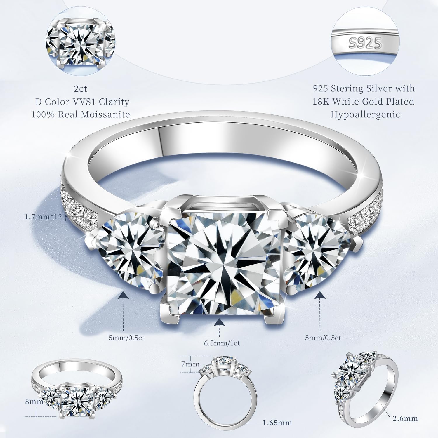 Moissanite Engagement Ring for Women, 3 Stone D Color VVS1, 925 Sterling Silver with 18K White Gold Plated, Moissanite Wedding Ring, Anniversary Promise Ring with Gift Box, Size 4.5-9 - Image 2
