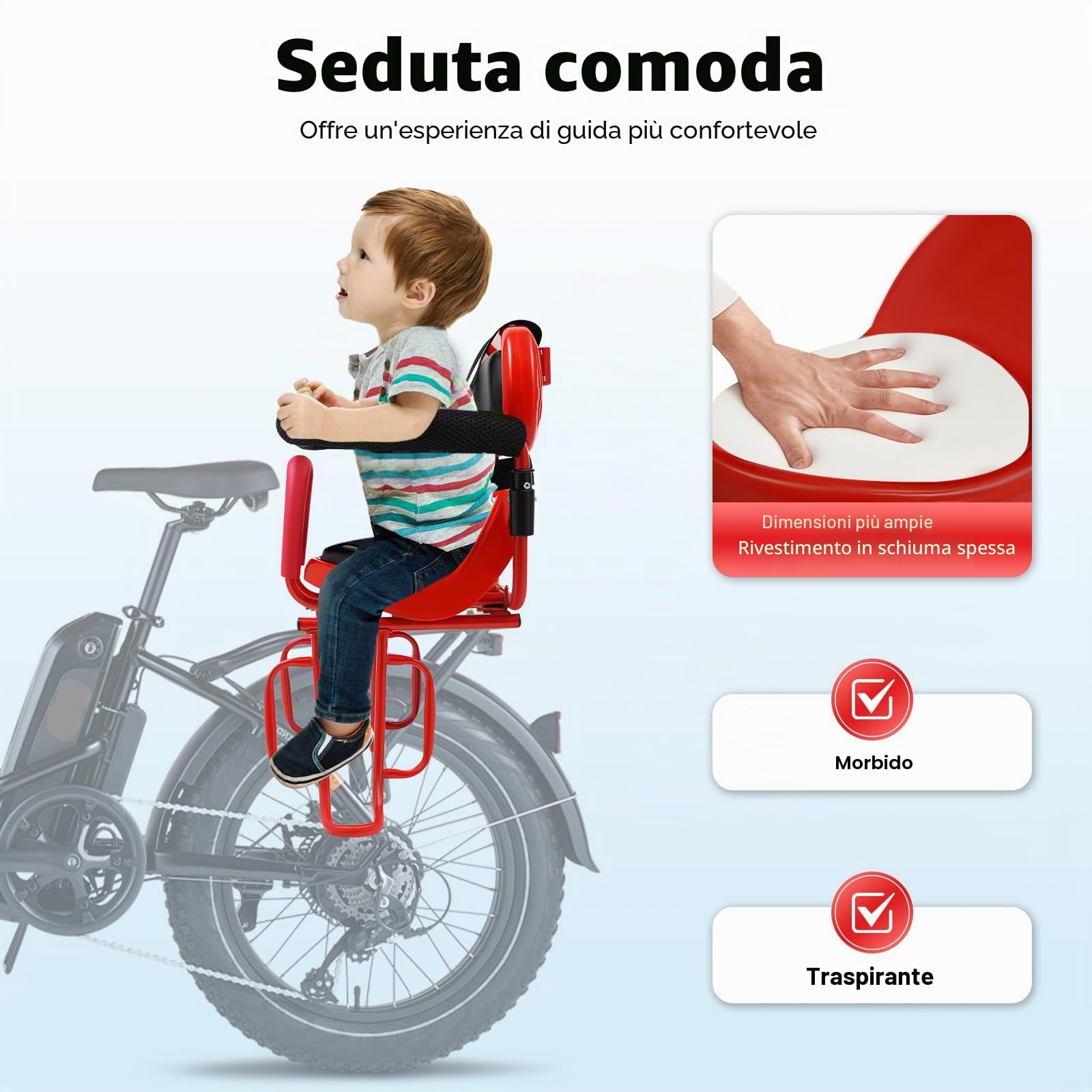 Seggiolino per bicicletta da 6 mesi-6 anni con cintura di sicurezza e ringhiera a U, adatto per la maggior parte delle biciclette come biciclette pieghevoli, mountain bike elettrica