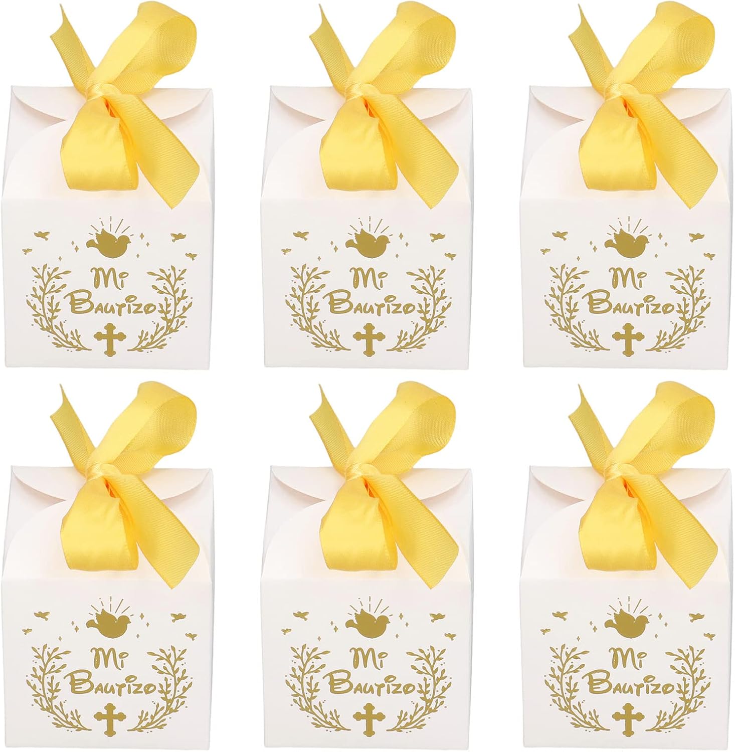 Yosoo Bautizo Party Favor Boxes, 50pcs Baptism Decorations Religious Gift Box First Communion Candy Boxes with Gold Ribbons for Christening Baby Shower Birthday Wedding Party(2.6x2.6x2.6 in)