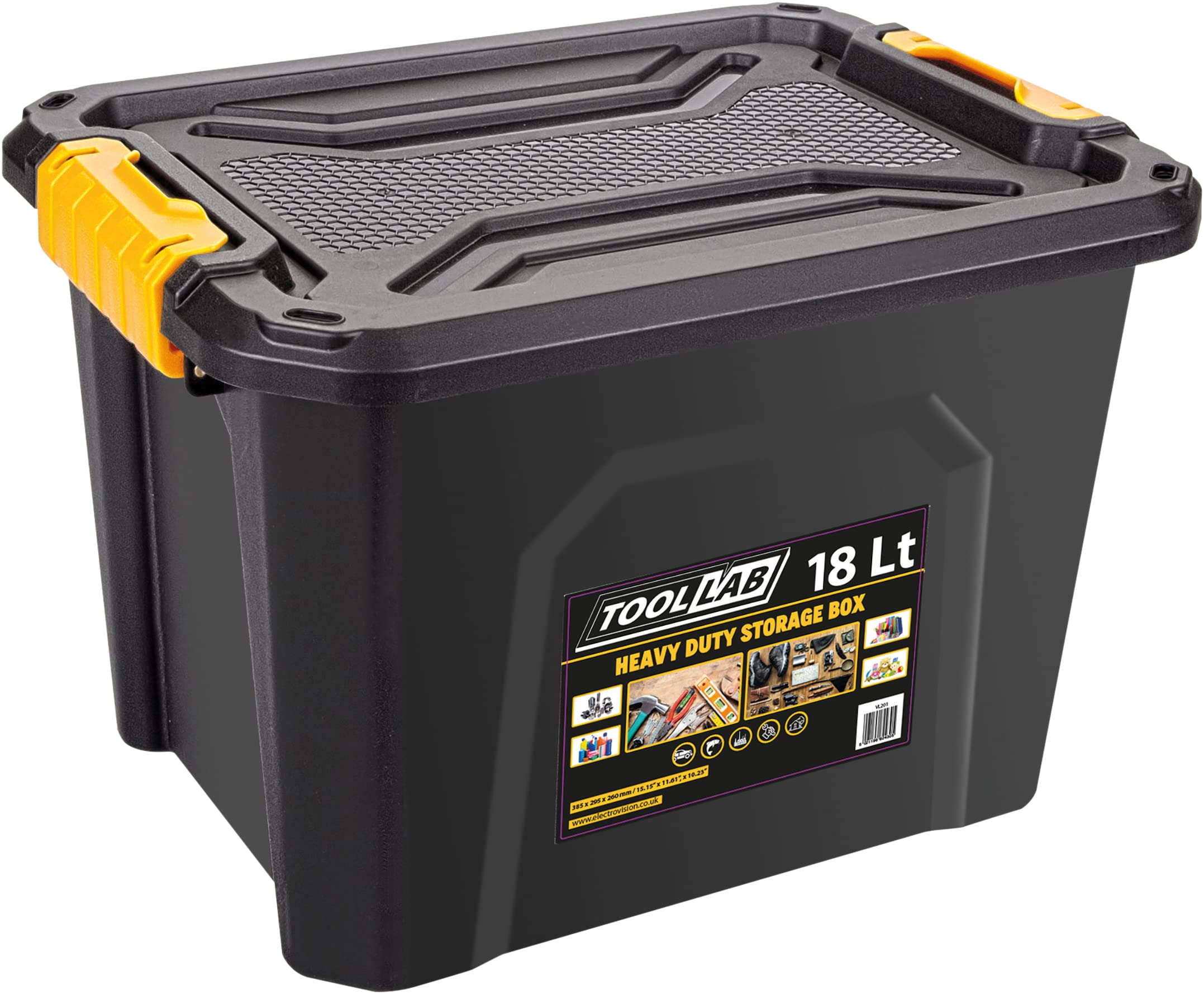 Tool Lab Heavy Duty Polypropylene Storage Box with Clip on Lid. Ideal for storing items in garages and lofts. (18 Litre : 385 x 295 x 260mm)