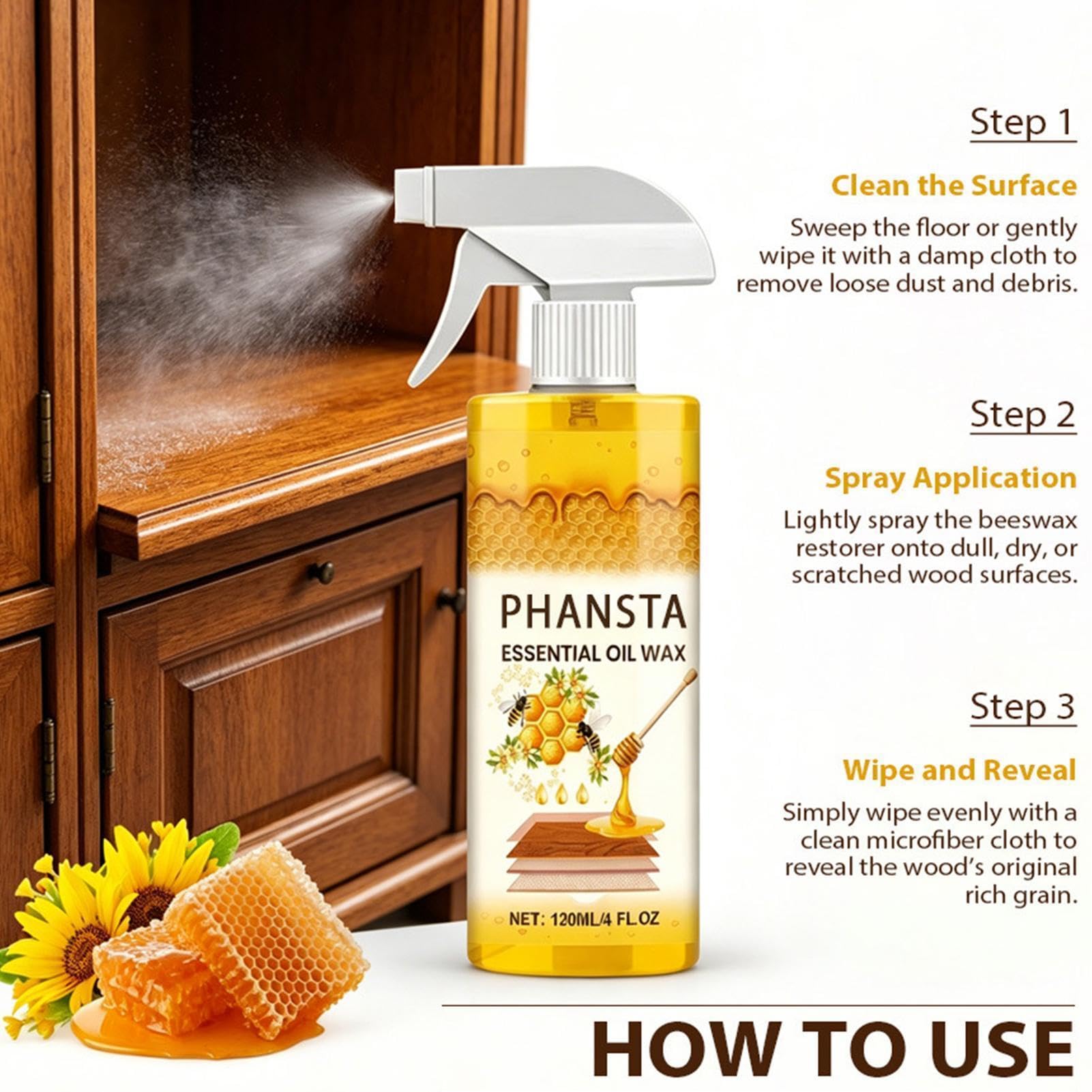 Polerowanie Drewna Woskiem Pszczelim,120ml Naturalna Wielofunkcyjna Przenośna Odżywka,Spray Do Drewna Z Gąbką - Do Wnętrz: Podłogi, Stoły, Krzesła, Salon, Sypialnia
