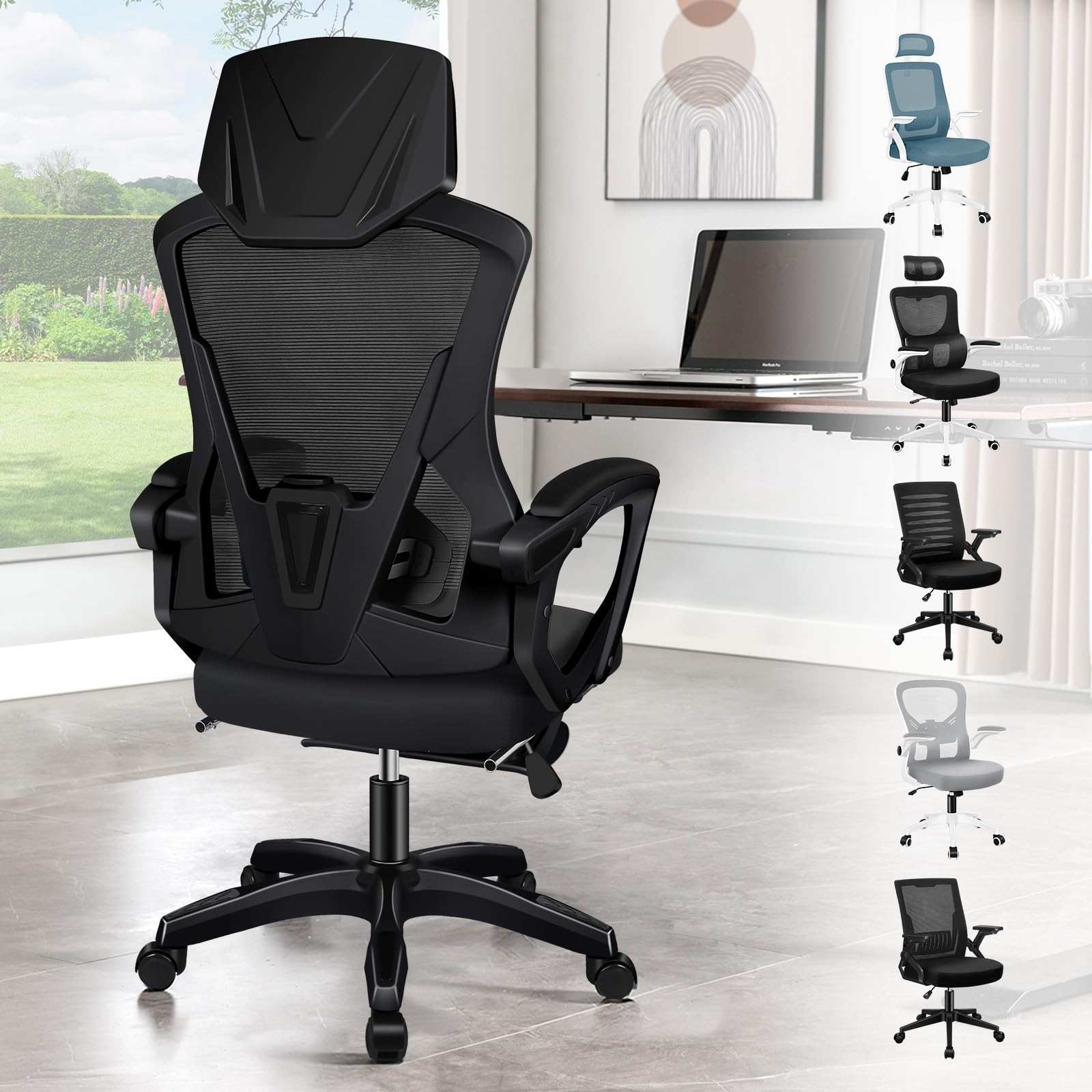 ELFORDSON Ergonomic Office Chair, High Back 150° Reclining Computer Chair with Headrest and Adjustable Lumbar Support, Soft Padded Armrest, Retractable Footrest, Swivel Desk Chairs for Home, Black