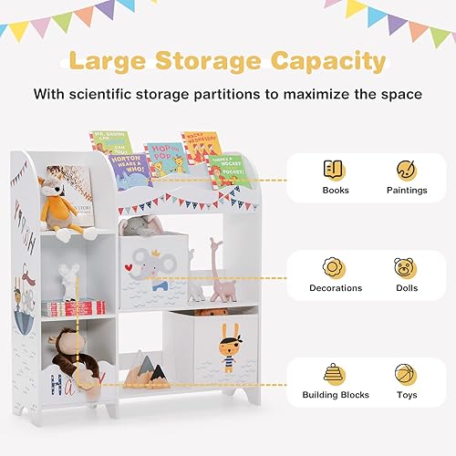 Miniatura 7 de HONEY JOY Organizador de almacenamiento de juguetes para niños, unidad de almacenamiento de madera con 2 cajas, estantería de exhibición para niños