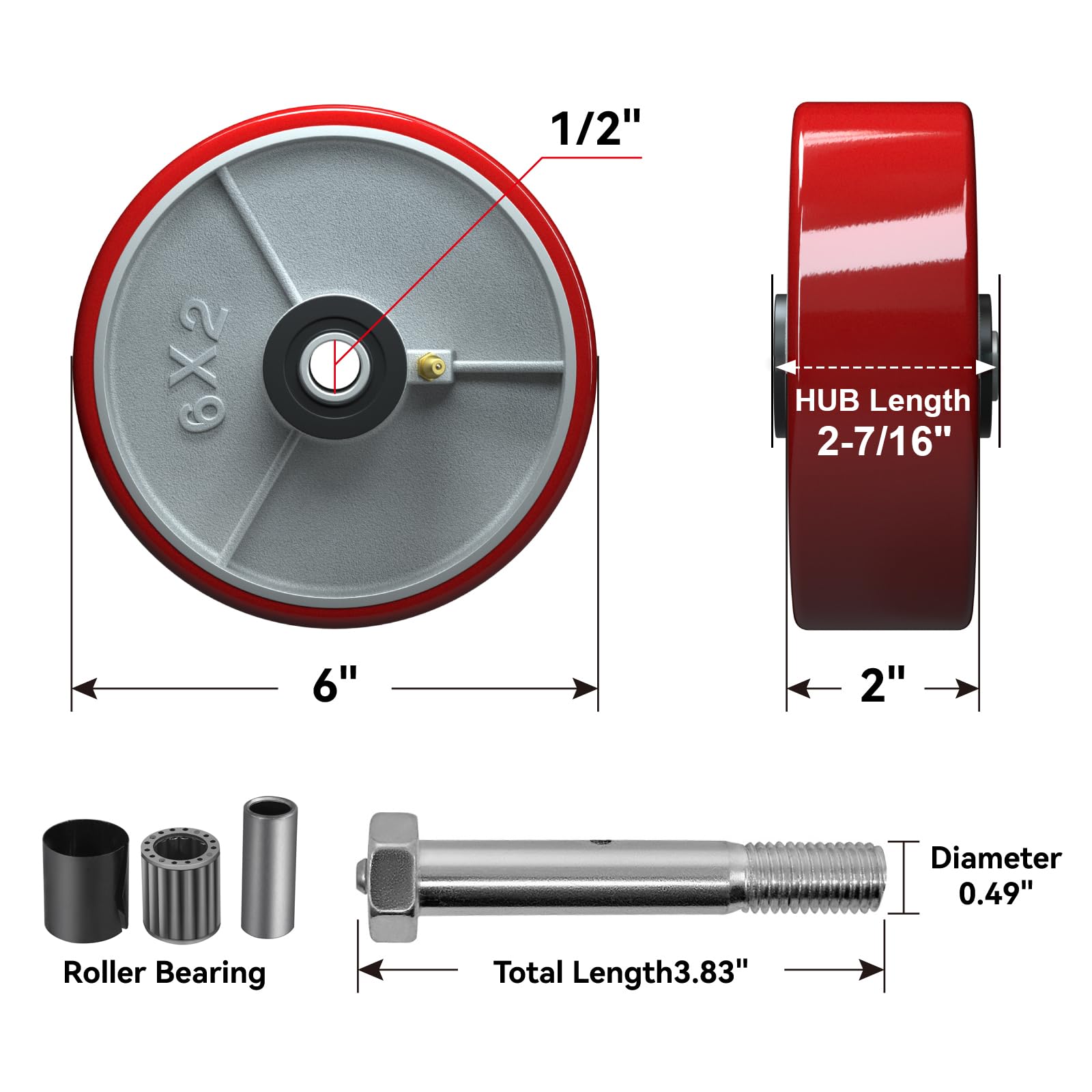 Ruote in ghisa da 15,2 x 5,1 cm, cuscinetto a rulli, foro da 1/2", set di 4 ruote resistenti con capacità di 2,177 kg (confezione da 4)