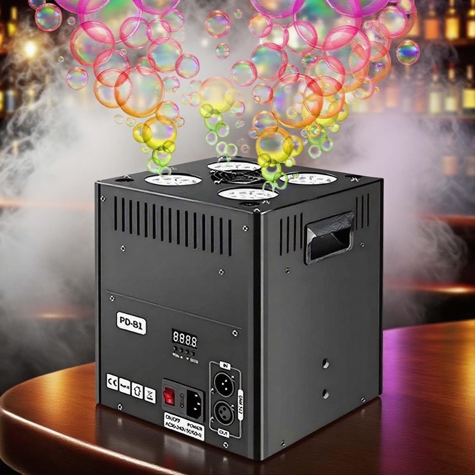 SICWEDIM Automatic Bubbles Machine with LED Effects, DJ Stage Performances Blower Maker, Dynamic Color-Changing Lights Sync with Bubbles, Spray Height 13-16 Ft, Four Spinning Wheels (DMx512)