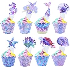 64pcs Mermaid Cupcake Toppers and Wrappers, Mermai Party Decorations, Purple Cupcake Liners, Coral Fish Conch, Cute Hand Cake Decorations Supplies for Girl Birthday Party