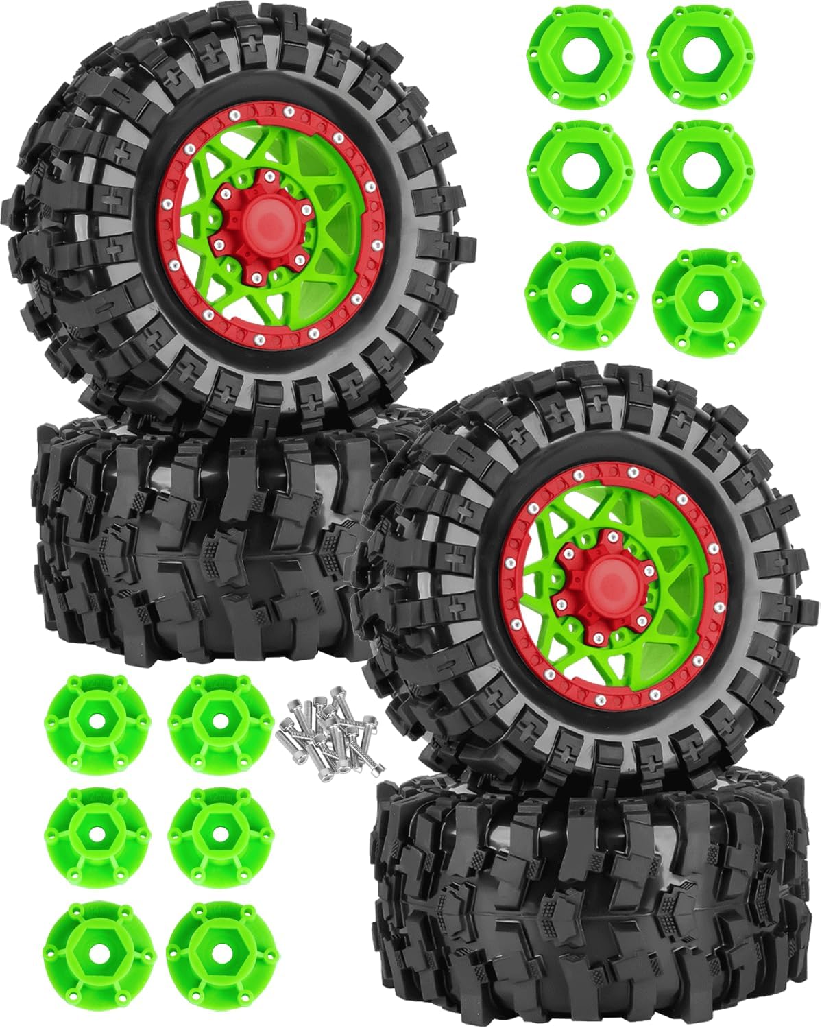 1/10 Scale RC Truck Tires,Wheels and Tires w/12/14/17MM Hex for Rustler Stampede Hoss,Arrm a Granite Vorteks Big Rock 3S,1/10 Off Road Tires Rubber Truck Tyres w/Foam Insert,Green w/Red