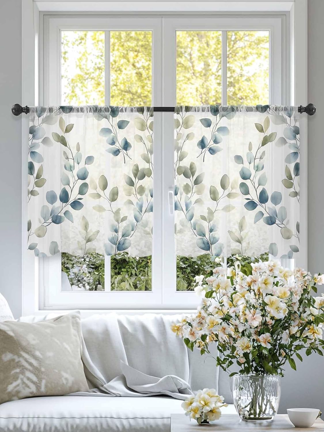 Teal Blue Botanical Sheer Curtains for Living Room Bedroom Eucalyptus Leaves Watercolor Summer Sheer Curtains 54 Inch Long 2 Panels Set Light Filtering Curtain Window Treatments Drapes for Dining Room