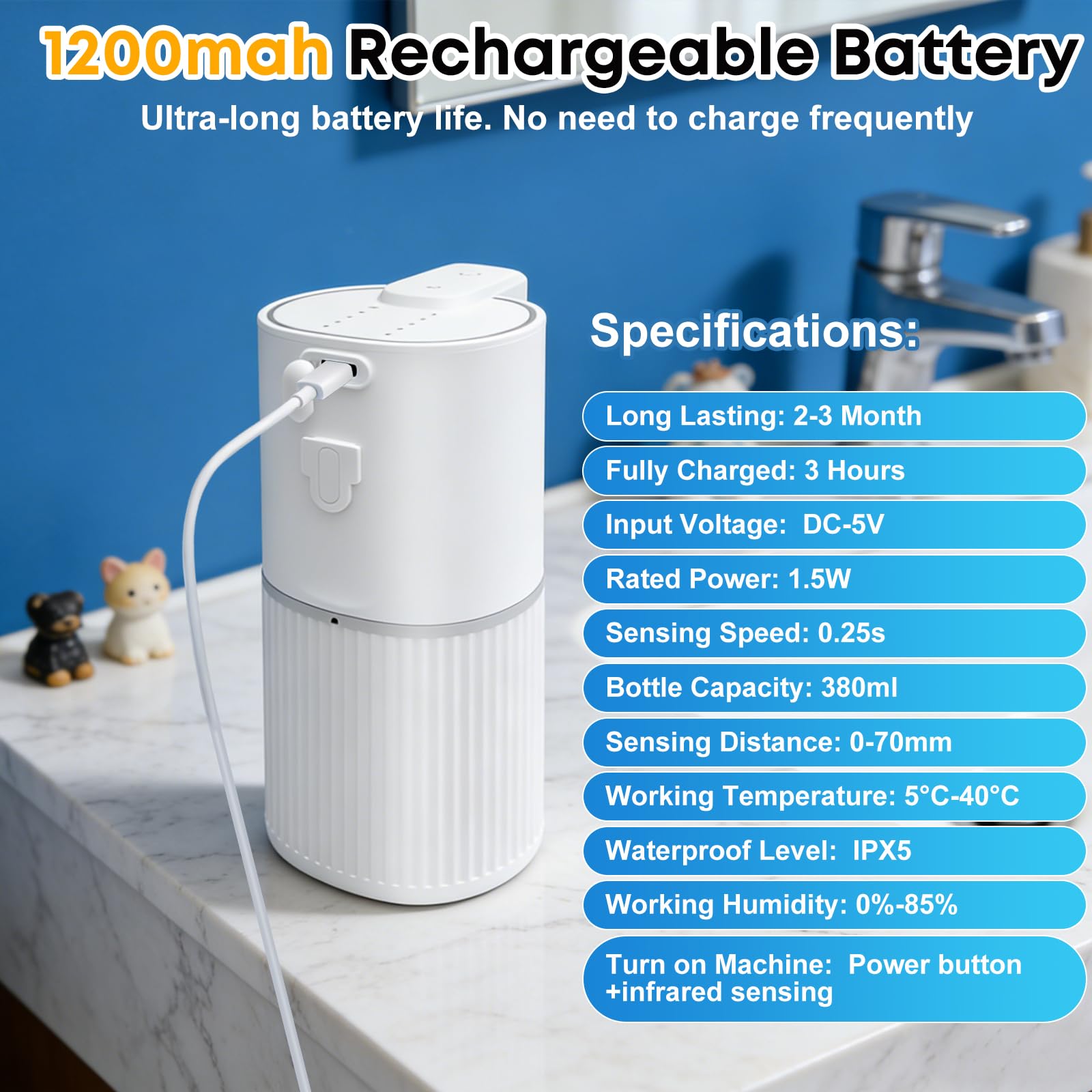 Automatyczny dozownik mydła ze wskaźnikiem poziomu naładowania baterii, 380 ml, elektryczny dozownik mydła z czujnikiem, dozownik mydła w piance, montowany na ścianie, do łazienki, kuchni, biura