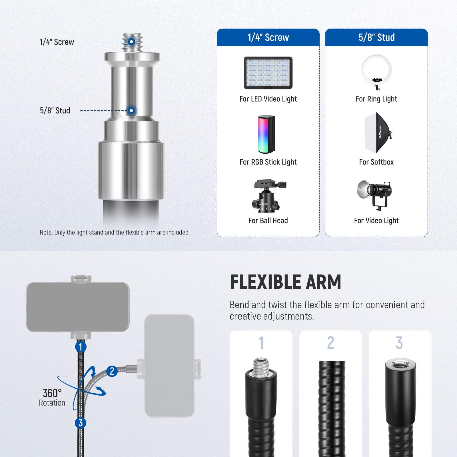 NEEWER MS010 Stojak mikrofonowy z elastycznym ramieniem, uchwyt na statyw podłogowy z klipsami mikrofonowymi, adapter 3/20.3 cm do 5/20.3 cm, klipsy kablowe do śpiewania vlogowania na żywo nagrywania
