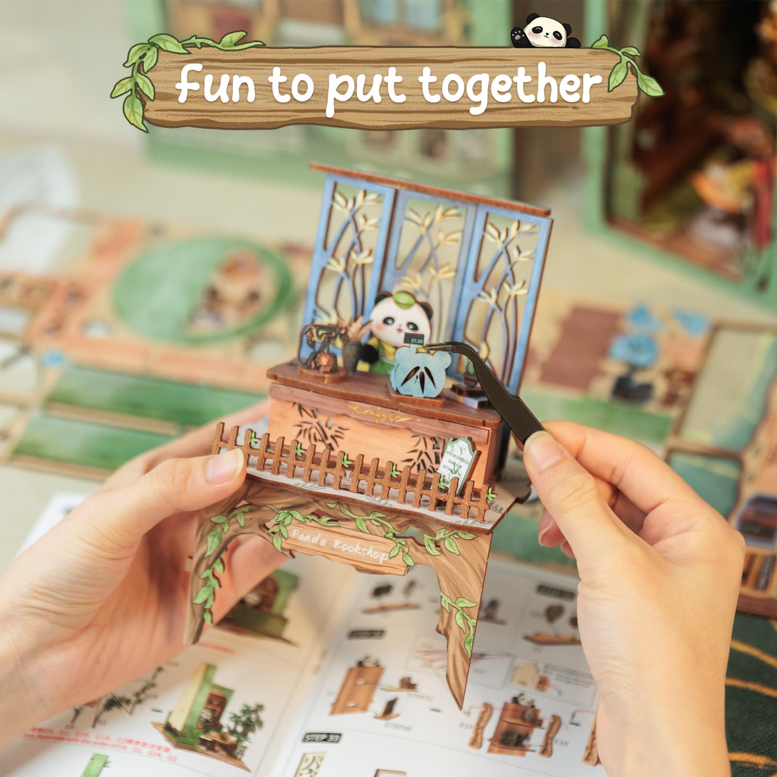 Cutefun Book Nook - Kit per la casa delle bambole in legno, fai da te, in miniatura, per la casa delle bambole, per la libreria, per le case, con luci a LED, per la libreria, per panda Bookshop(DY02)