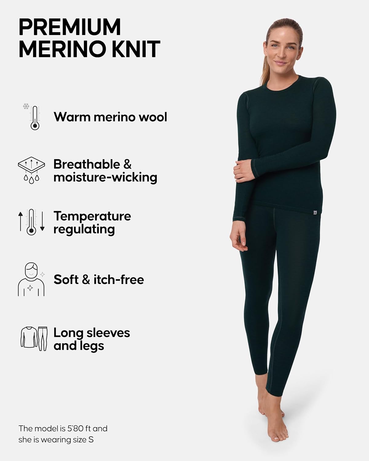 DANISH ENDURANCE Merino Wool Base Layer Set Women, Top and Bottom Set, Thermal Underwear for Womens, Tights, Long Sleeve - Image 2
