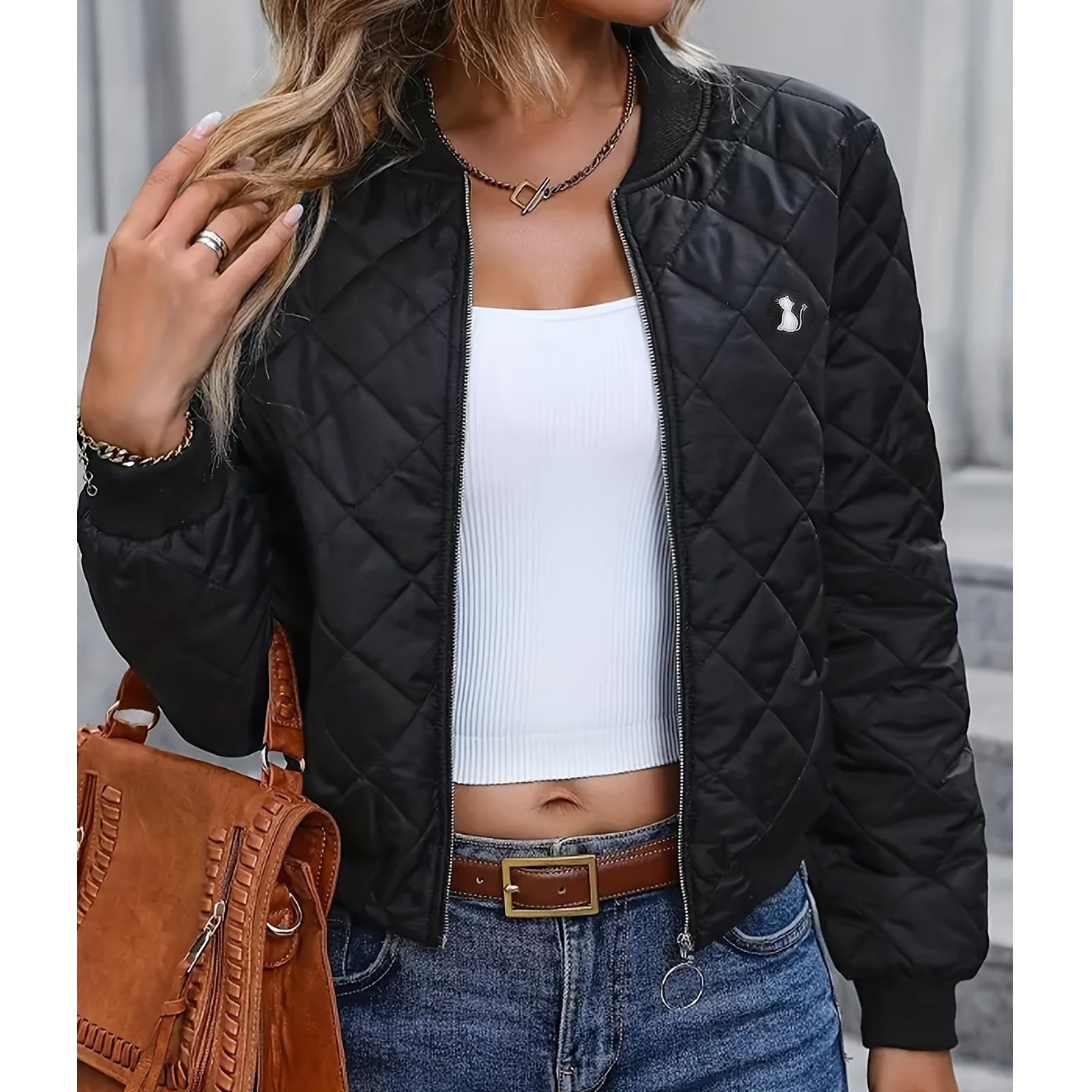 Genérico Chaqueta Termica Mujer Elegante,Chaqueta De Mujer OtoñO E Invierno Nueva Chaqueta Acolchada De BéIsbol De Corte Entallado A Cuadros Con Cuello Alto