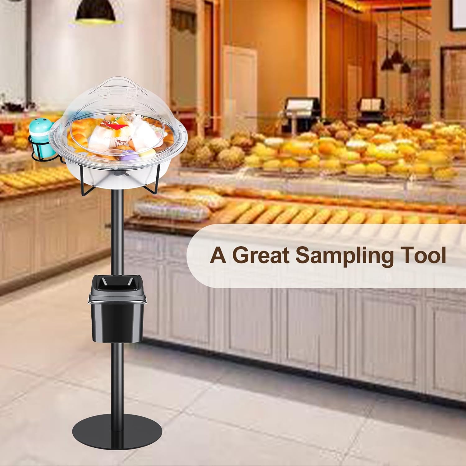 Black Metal Food Sample Display Stand, Food Tasting Station with Toothpick Holder and Rubbish Bin for Supermarkets, Bakeries and Other Food Shop