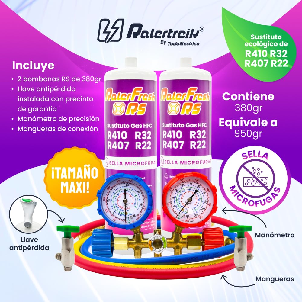 Ralerfresh RS Kühlgas Ersatz R410, R32, R407 und R22 Kühlmittel für Split-Klimaanlage (2 Flaschen + Manometer)