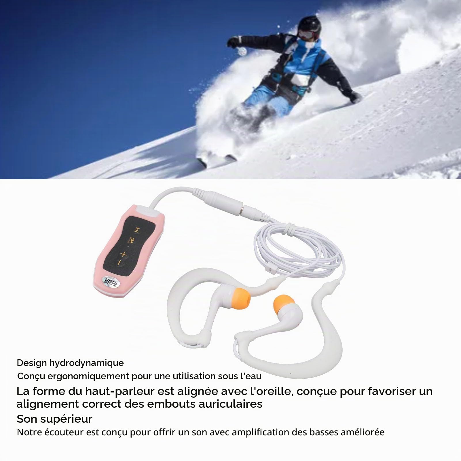 Lecteur MP3 Hydrodynamique avec écouteurs étanches 8 Go, Lecteur de Musique Rechargeable IPX8 avec Un Excellent Son pour la Natation, la Plongée, la Course à Pied (8GB)