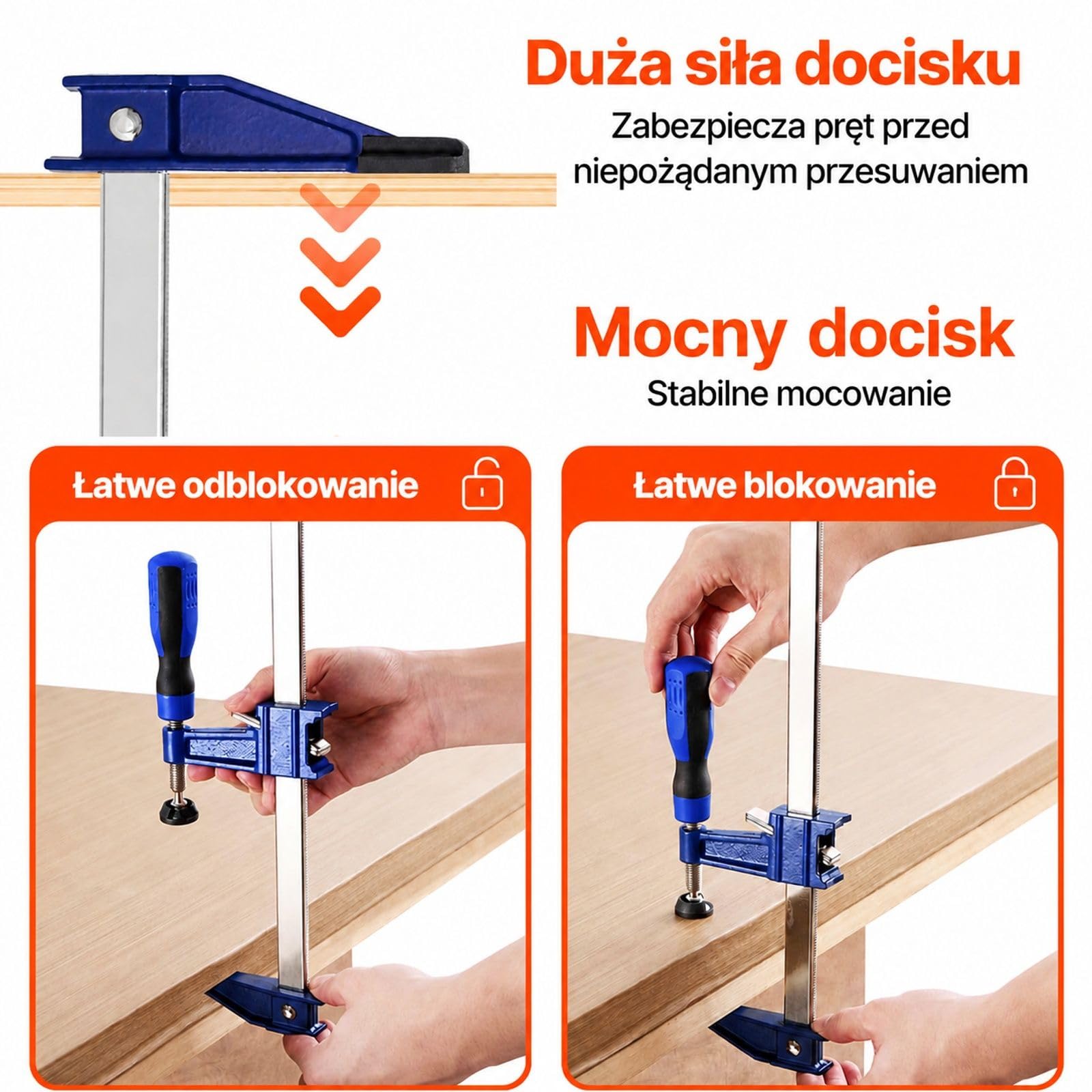 4 szt ściski stolarskie prętowe z żeliwa, blokowana konstrukcja F, do obróbki drewna i montażu