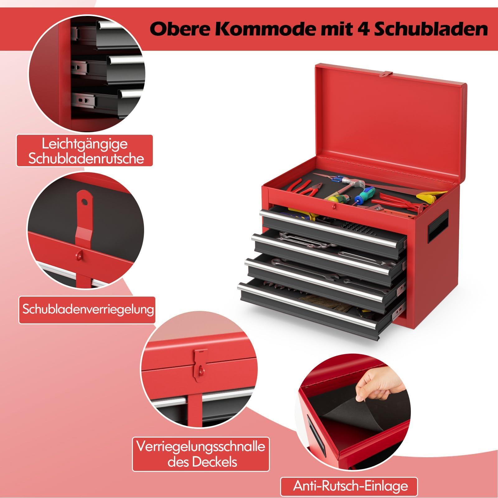 FANTASK Carrello da officina con serratura su ruote, carrello degli attrezzi professionale 2 in 1, con valigetta, 8 scomparti, ganci e ripiano regolabile, 59 x 28 x 102 cm (rosso)