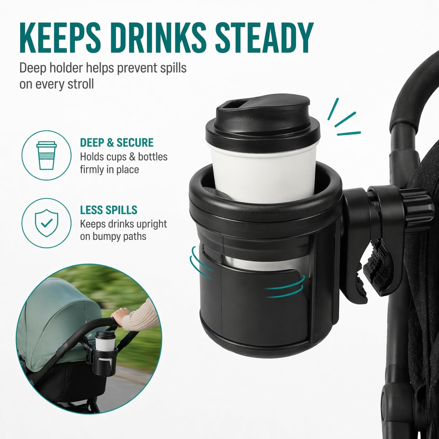 Stroller Cup Holder for Mockingbird - Dual Drink Holder with 360° Rotation, Fits Mockingbird Single & Double Strollers, ABS + Silicone, Holds Large & Small Cups