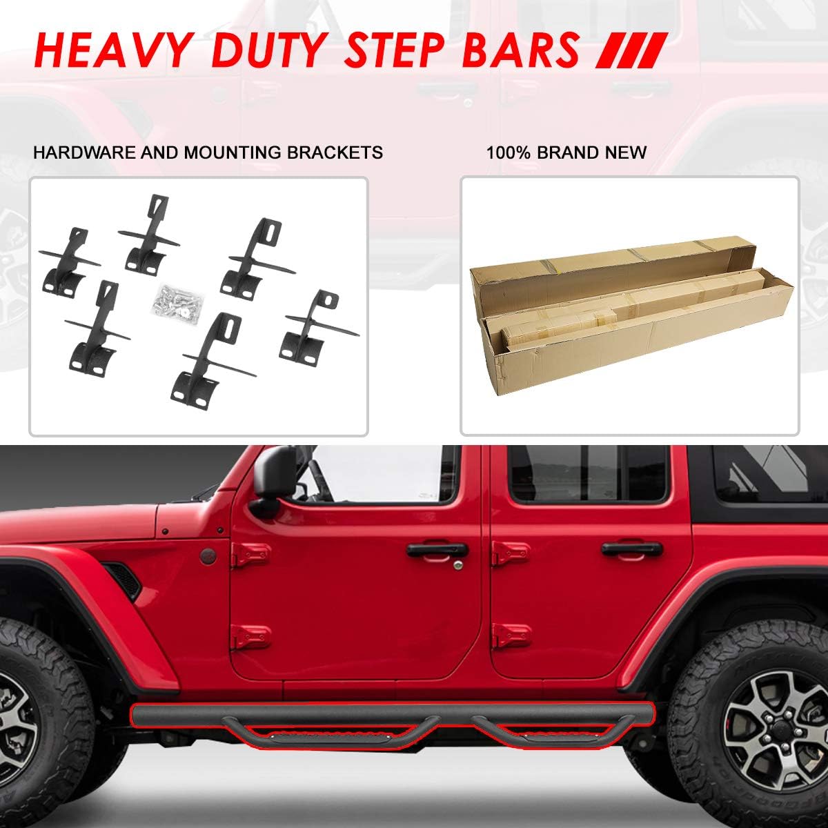 Auto Dynasty 3 Inches Round Tubing Drop Side Step Bar Running Boards Compatible with Jeep Wrangler JL Unlimited 4-Door 2018-2024, Aluminum, Black Powdercoated