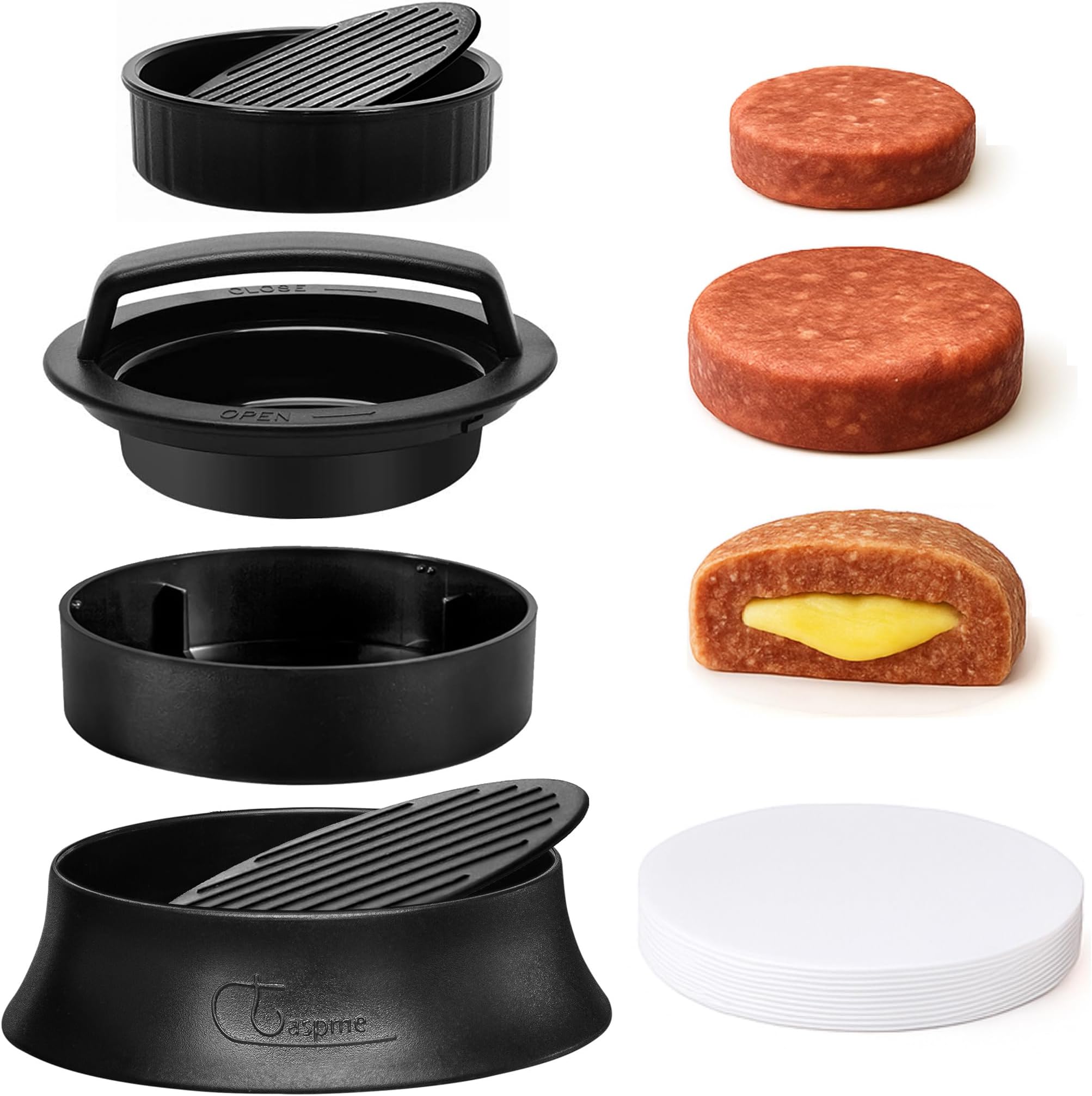 Burger Press with 110 Wax Paper Sheets & Storage Mesh Bag - 3 in 1 Nonstick Hamburger Patty Maker for Perfect Round & Delicious Stuffed Burgers